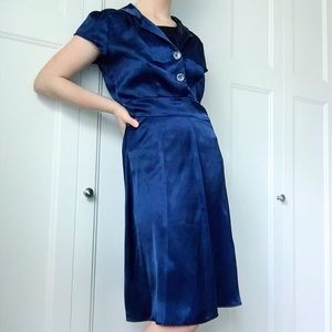 •Retro Navy Faux Silk Dress•